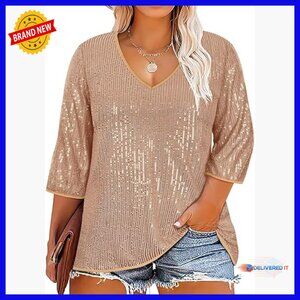 Plus Size Sequin Tunic 3/4 Sleeve V-Neck Blouse Glitter Top Loose Fit
